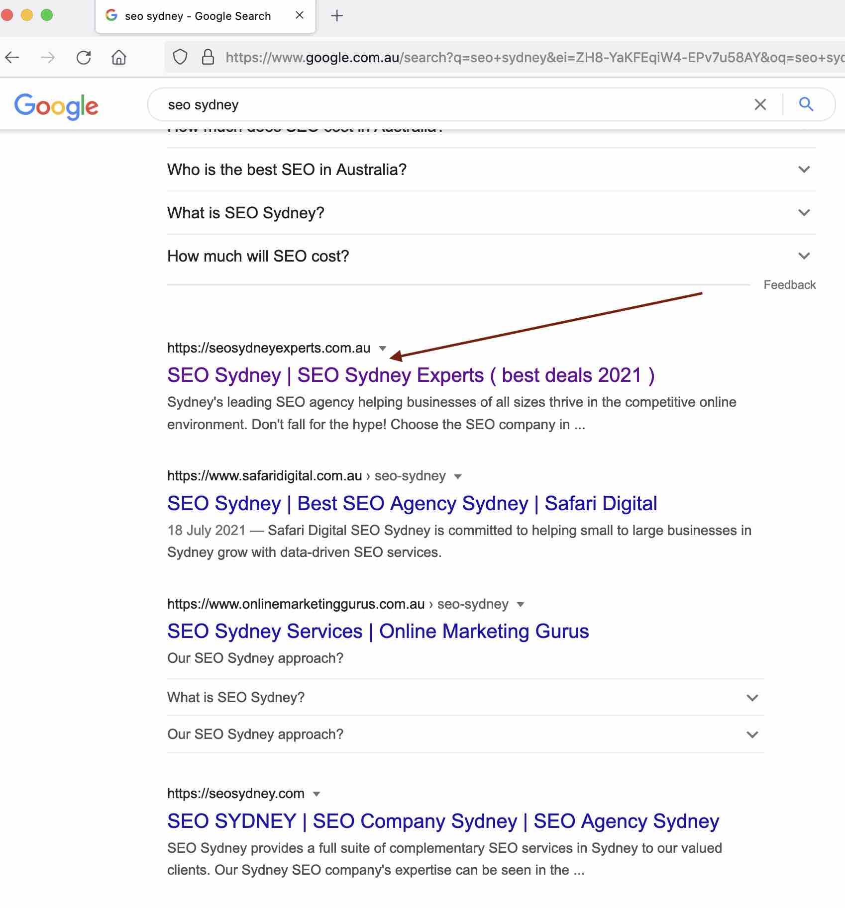 Google ranking for SEO Sydney Experts